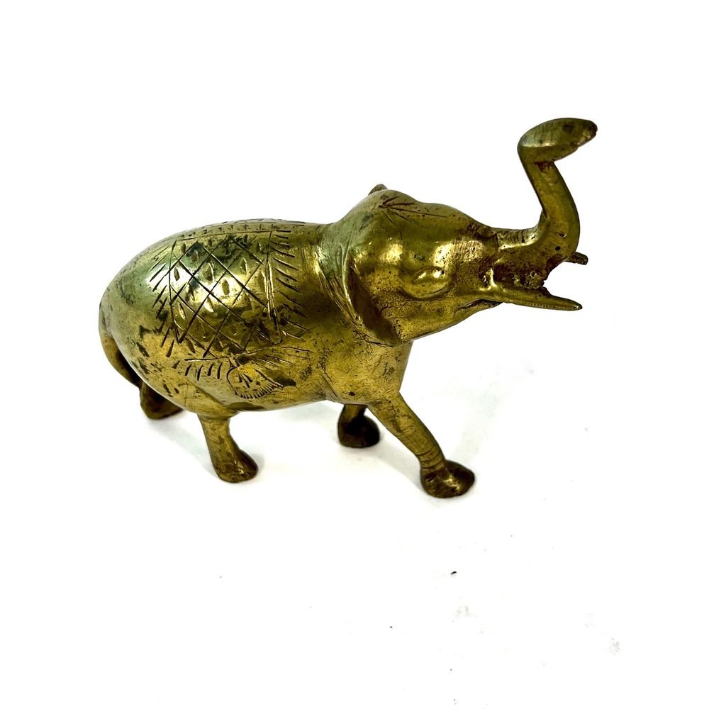 Vintage Etched Brass Elephant Figurine Trunk Up Good Luck Statue Decor